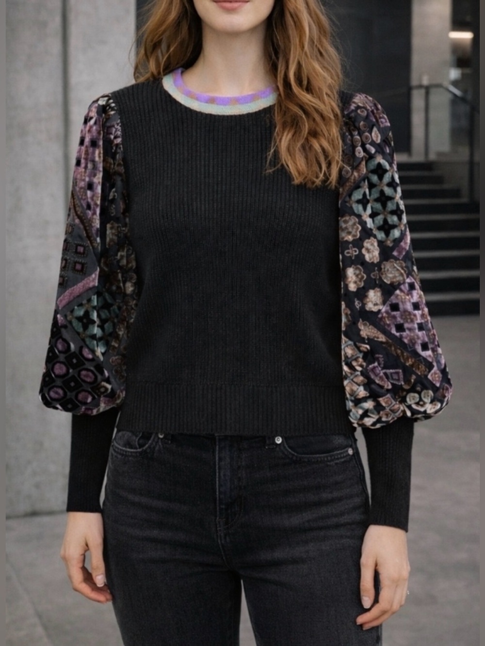 Fate Velvet Burnout Black Knit Top with Patterned Balloon Sleeves XS Romantic